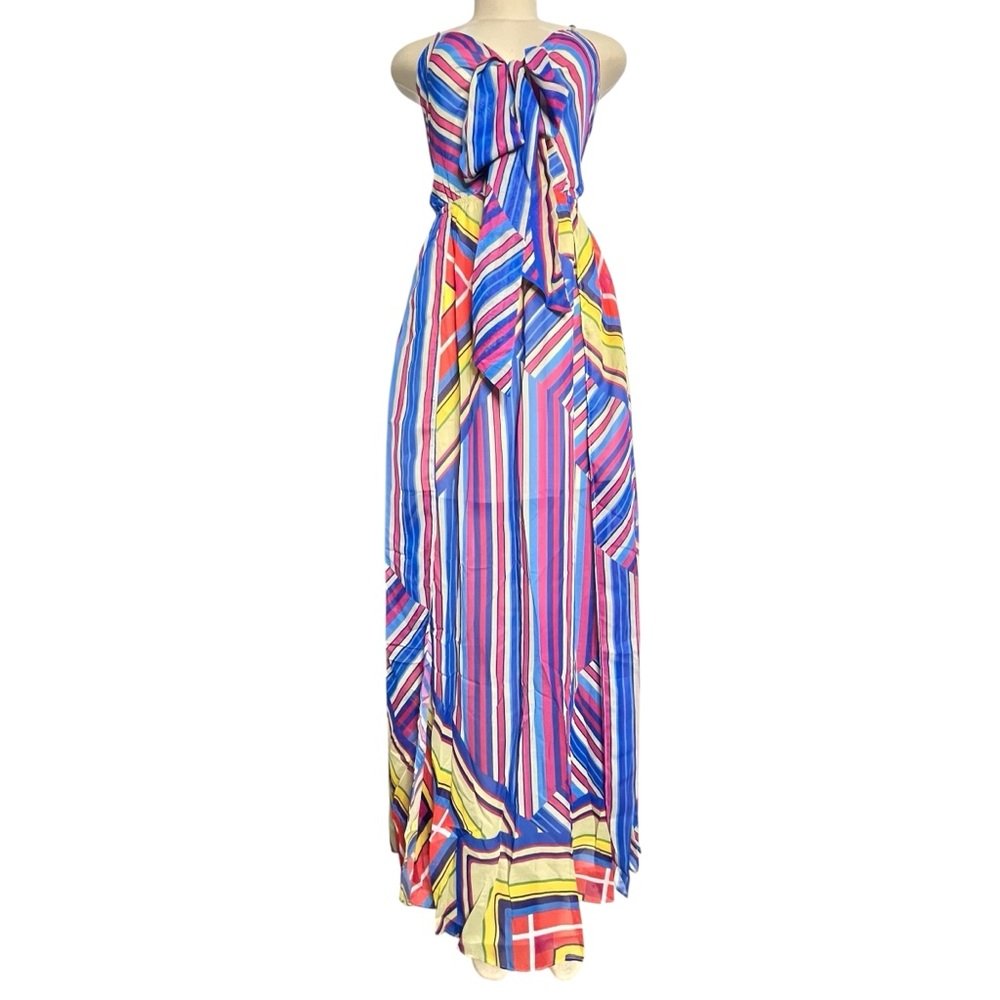 NWT L"Atiste by Amy Geo Stripe Tie Front Spaghetti Strap Chiffon Maxi Dress Sz M